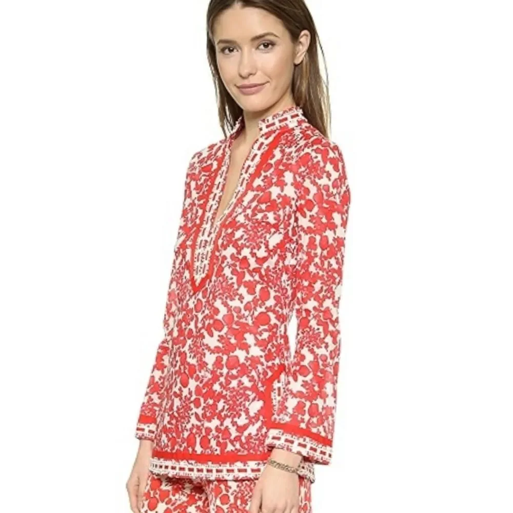 Tory Burch Red Floral Crochet Ribbon Details Blouse